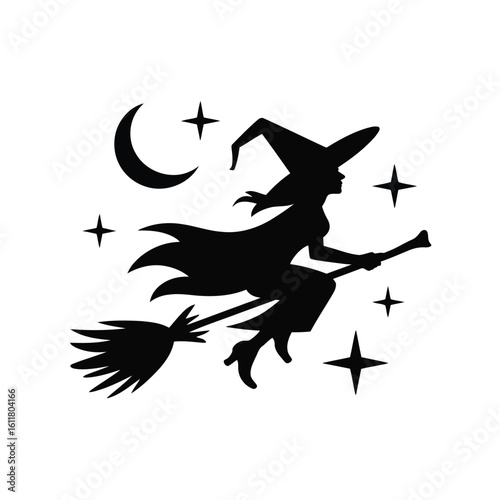 Vector illustration of witch flying on a broomstick under the moon