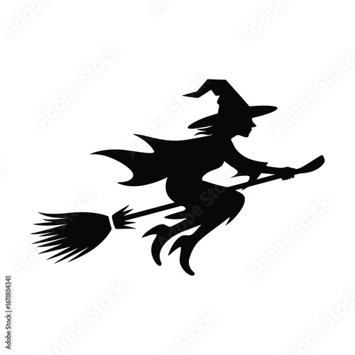 Vector illustration of silhouette of a witch flying on a broomstick isolated on white