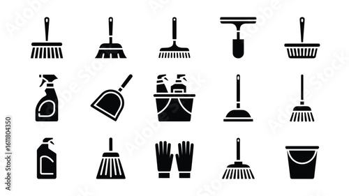 Vector illustration of collection of cleaning tools and supplies icons