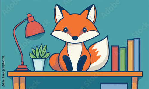 Charming cartoon fox sits on a shelf with books and a lamp, creating a cozy, whimsical scene.