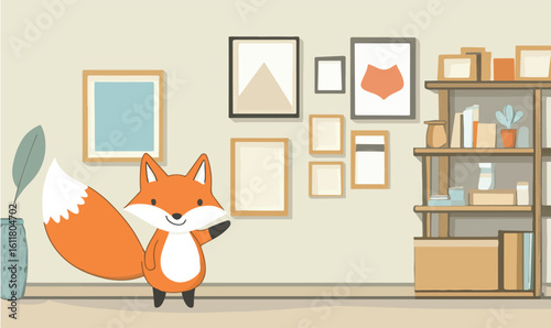 Adorable cartoon fox waving hello in a cozy room with framed art and bookshelves