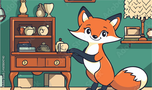 Charming cartoon fox curiously peeking at antique cabinet filled with decorative items