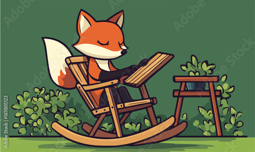 Charming fox relaxes in rocking chair amidst lush greenery enjoying a peaceful moment