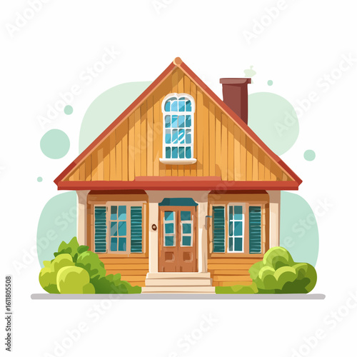 Cozy Cartoon House with Gable Roof and Greenery an Illustration with Warm Tones