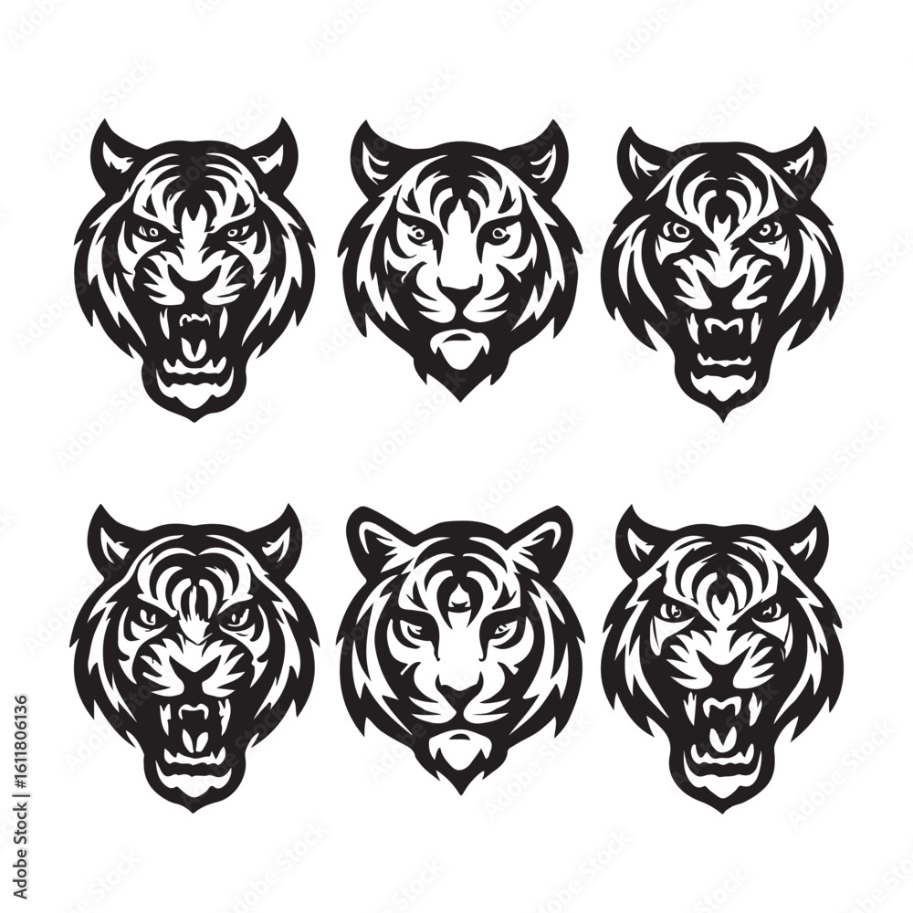 Obraz premium Tiger Head Icon Set – Wild Animal Vector Silhouettes and Emblems