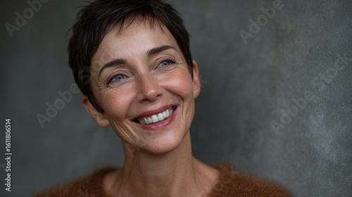 Joyful Woman Smiling with Short Hair and Natural Makeup