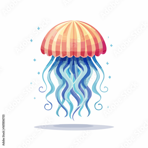 Vibrant Jellyfish Illustration with Striped Bell and Flowing Tentacles against White Background