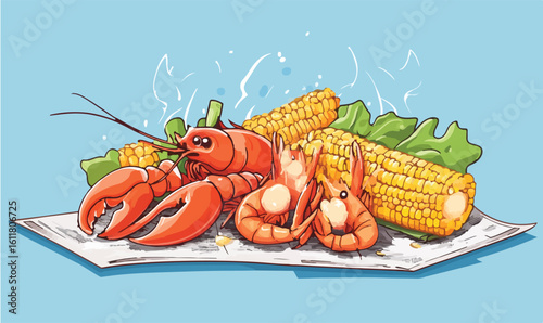 Savory seafood feast featuring fresh lobster and shrimp with sweet corn on a bright blue background