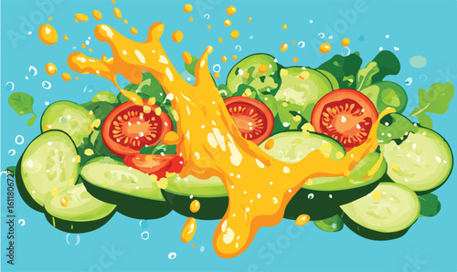 Vibrant fresh salad bursting with flavor, a splash of golden dressing, and healthy ingredients for a delicious meal