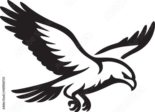 Eagle flying silhouette on white bird graphic, Soaring eagle illustration in black