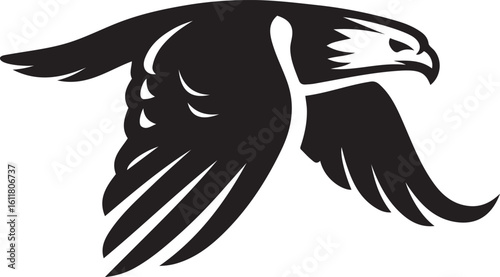 Eagle with spread wings silhouette vector, Black bird of prey flying design