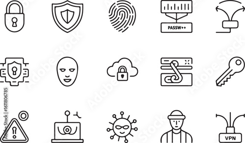 Cybersecurity technology and protection icon set