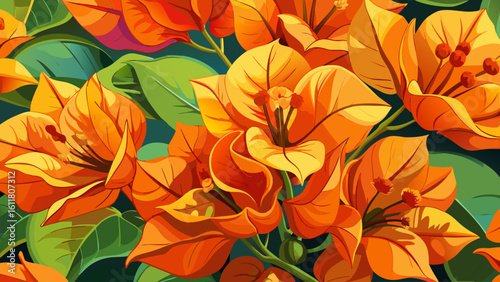 very Beautiful Vibrant orange bougainvillea flowers close-up.