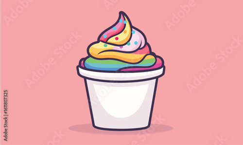 Delightful rainbow soft serve ice cream with colorful sprinkles in a white cup, perfect for summer treats