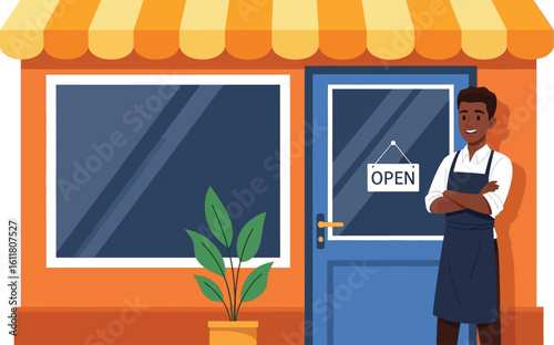 Friendly shop owner welcomes customers, store is open for business