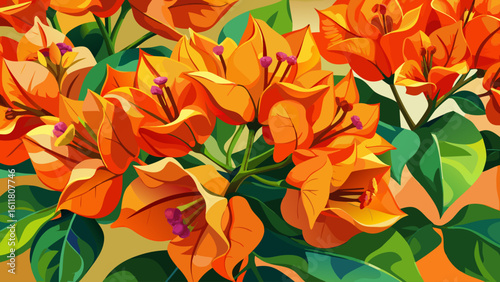 very Beautiful Vibrant orange bougainvillea flowers close-up.