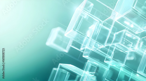 Abstract graphic of translucent cubes in light teal.  Layered, geometric shapes with a soft glow