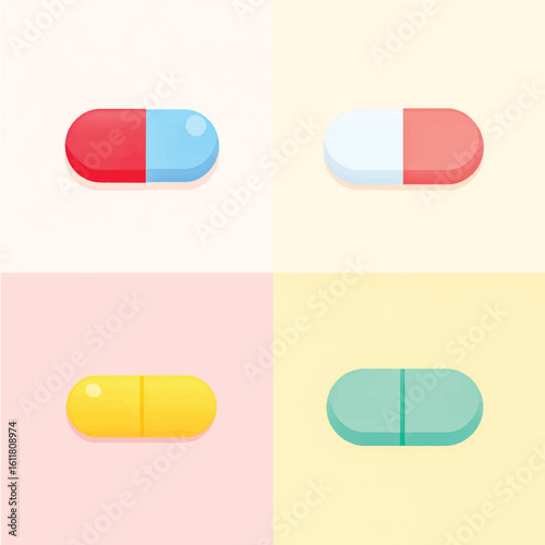 Colorful pill capsules vector illustration for pharmaceutical or healthcare concept with vibrant designs and pastel background colors for creative use