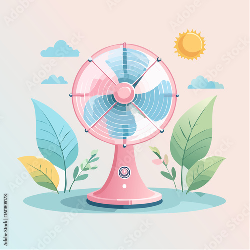 A stylized pink and white electric table fan with blue blades in a flat retro illustration style.