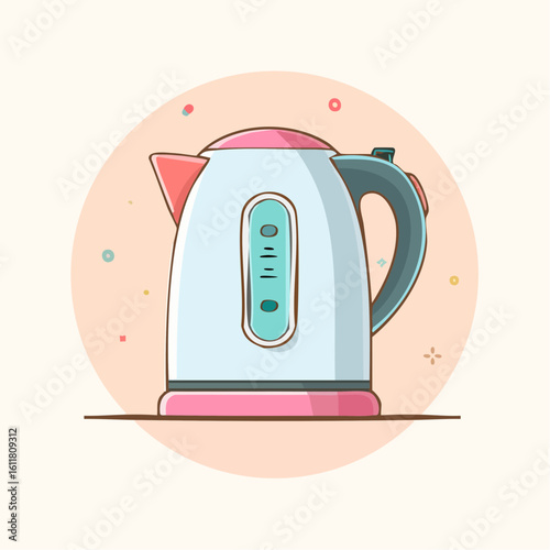 A stylish cartoon electric kettle with pastel pink and blue accents Modern flat design illustration of a kitchen appliance.