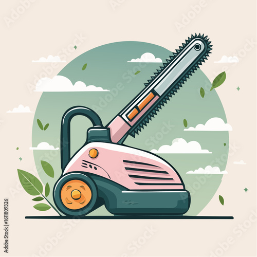 Stylized cartoon chainsaw with a pink body teal base and sharp serrated blade.