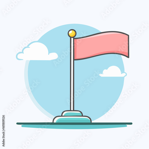 Simple cartoon illustration of a waving pink flag on a flagpole with a tiered stand.