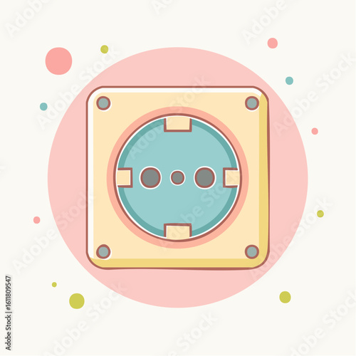 Cute cartoon illustration of a pastel yellow and blue European wall power socket with a hand-drawn style.