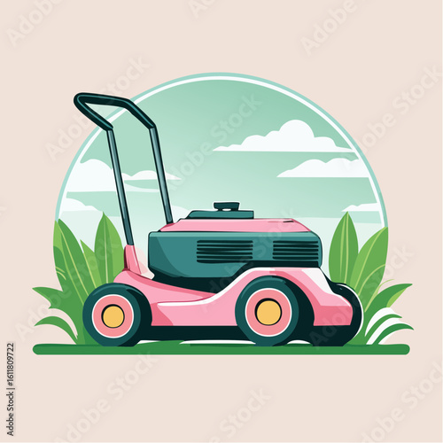 Vibrant pink and teal push lawnmower with a sleek handle depicted in a clean flat vector illustration style.