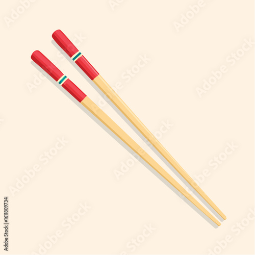 A pair of traditional wooden chopsticks with red painted handles and a teal stripe design.