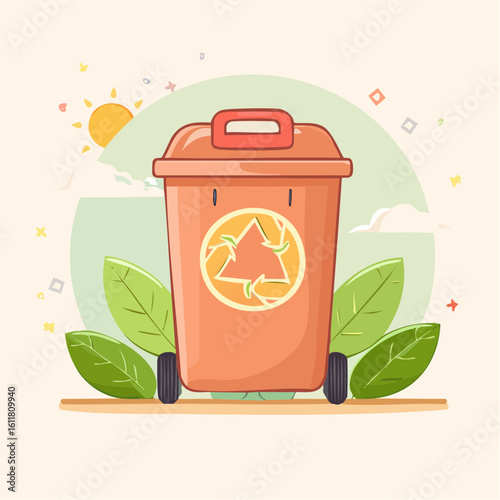 Eco-friendly orange wheeled recycling bin with a lid and a stylized leafy recycle logo.
