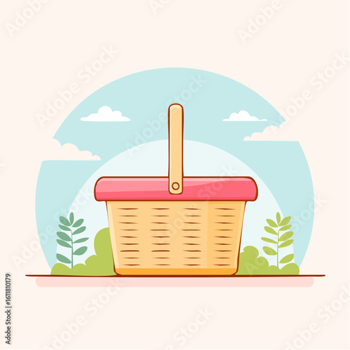 Illustrated wicker picnic basket with a vibrant pink lid and a single upright handle.