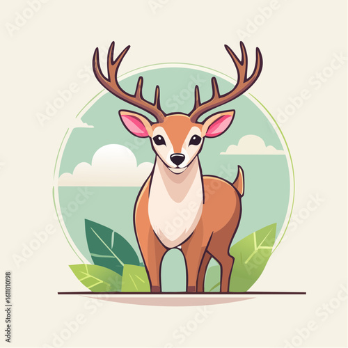 A charming cartoon stag with large brown antlers standing in a frontal pose.