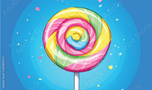 Vibrant swirling lollipop bursts with sweet joy, a colorful delight against a bright blue background