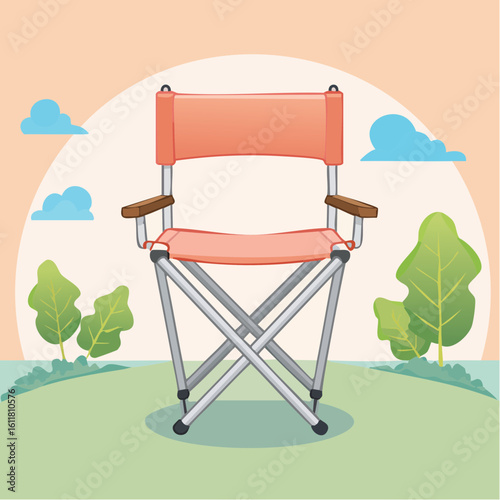 Front view of a portable orange camping chair with a silver metal frame and brown armrests Vector illustration.
