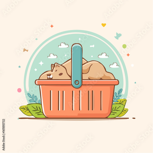 Cute cartoon capybara with buck teeth sleeping peacefully in an orange shopping basket.