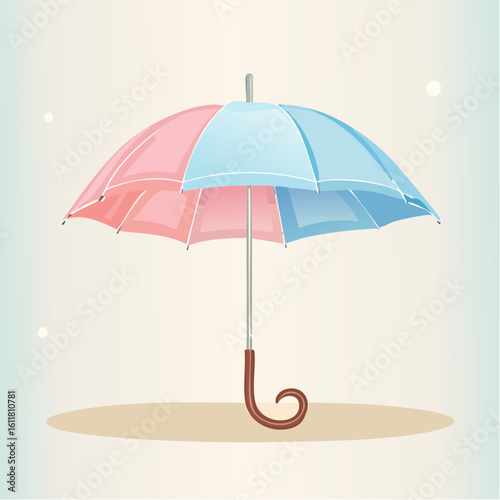 Open umbrella illustration with pink white and blue canopy and a brown J-hook handle.