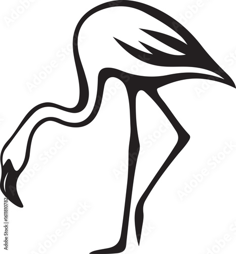 Flamingo bending neck silhouette vector, Elegant standing bird black and white