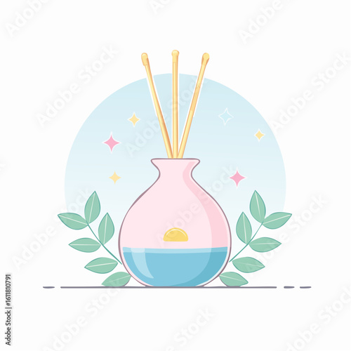 Flat illustration of a pastel pink and blue reed diffuser with wooden sticks and decorative green leaves.