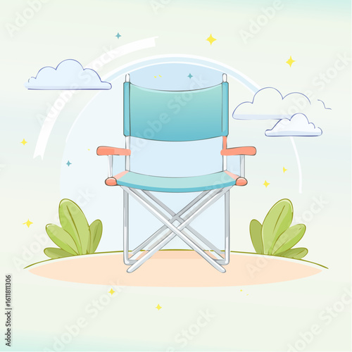 A simple illustration of a pastel blue and teal directors chair with a silver metal frame and coral armrests.
