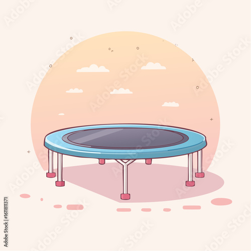 Illustrated round trampoline with a blue padded frame white mat and pink legs.