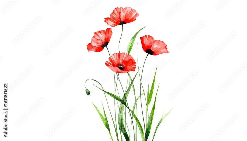 Obraz premium Field Poppies and Ink Grass Stems isolated on white background. Abstract watercolor background