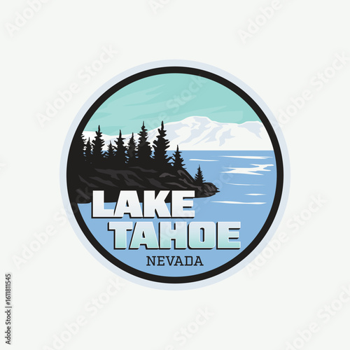 Lake Tahoe Badge Patch Stickers vector design Illustration with beautiful lake, tree and mountains