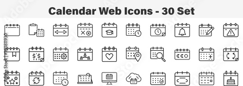 Web Calendar and Event Scheduling Line Art Icon Collection