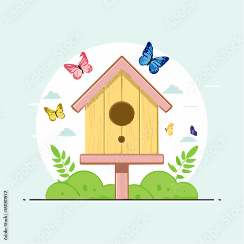 Illustrated yellow wooden birdhouse with a pink roof base and wood grain texture.