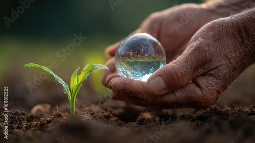 Hands Holding Crystal Ball Above Small Plant in Soil with Nature