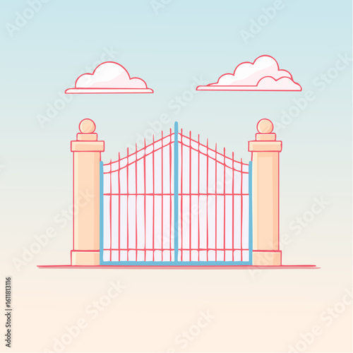Elegant closed gate with stone pillars and ornate ironwork in a pastel line art style.