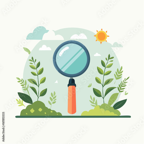 Flat vector illustration of a magnifying glass over green plants symbolizing nature research ecology and environmental discovery.