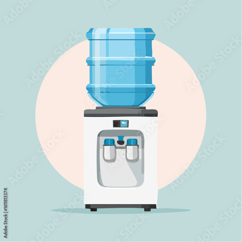 Modern office water cooler with a large blue bottle featuring hot and cold water taps Vector illustration.