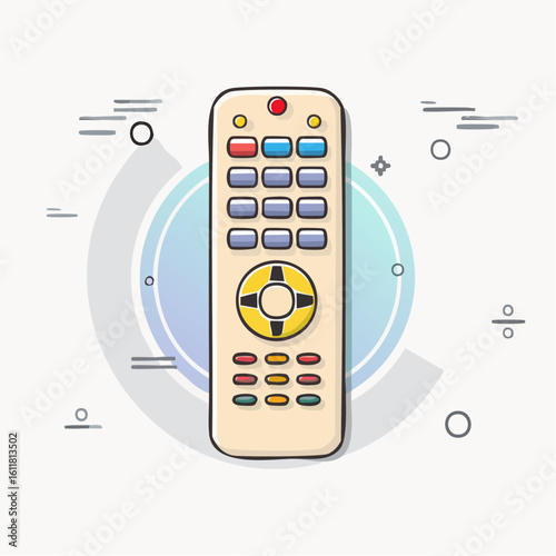 Cartoon television remote control with colorful buttons and a bold black outline.