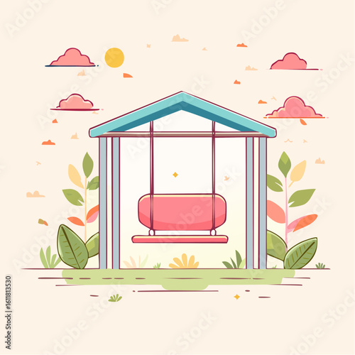 Charming pink cushioned swing bench under a simple blue-roofed frame a flat vector illustration.